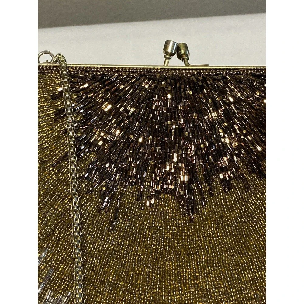 Silver, Bronze, Gold Beaded Party Purse w/Snap Kiss Closure Vintage